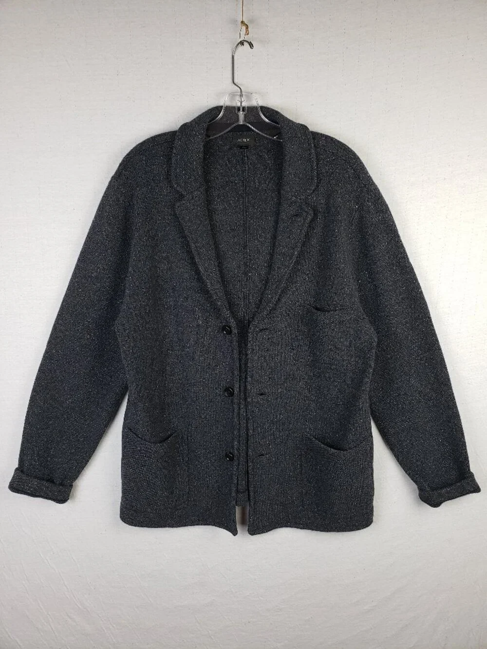 J CREW Sweater-Blazer Wool Blend Donegal Birdseye Charcoal Gray size M Preppy